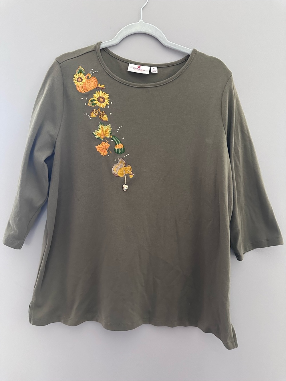 Quacker Factory Olive Green Long Sleeve Tee with Autumn Embroidery